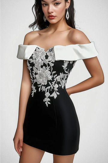 Black Off the Shoulder Mini Dress with Appliques